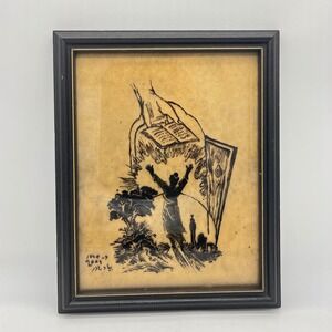 Framed Artwork Silhouette Drawing June 2001‎ Figural Landscape Worship with Book